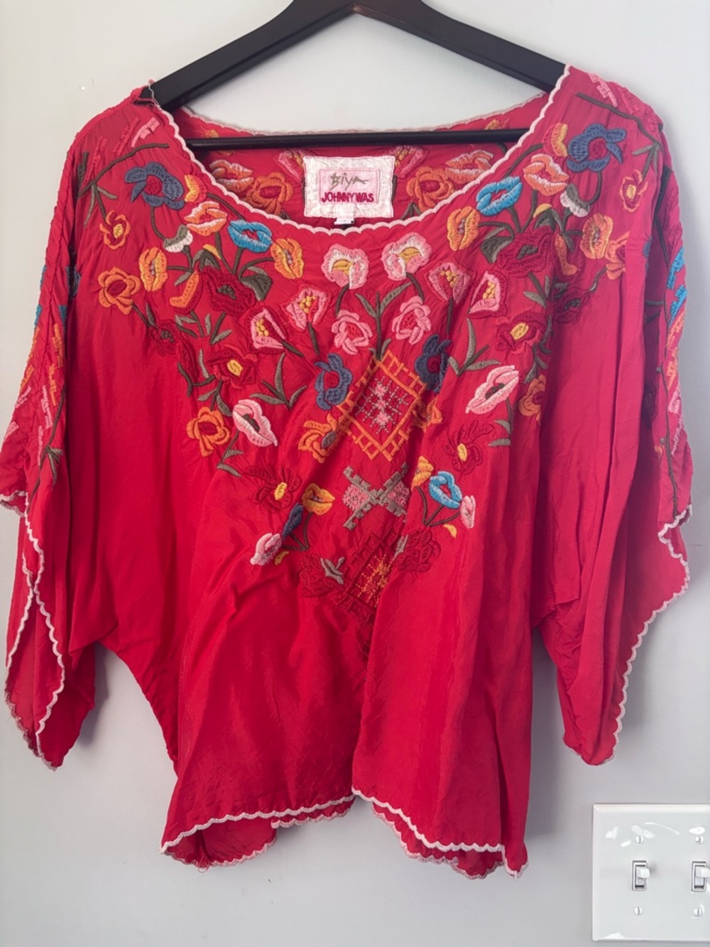 Johnny Was Red Embroidered Boho Peasant Blouse